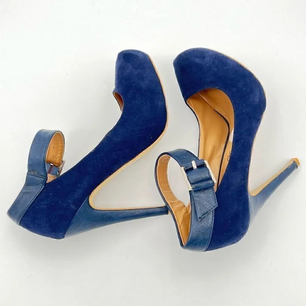 Penny Loves Kenny Royal Blue Faux Suede Shoes Sz 6 Womens Strap Heels Platform - Picture 4 of 7